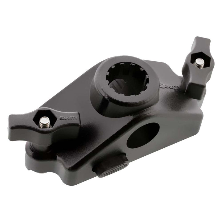 Scotty 0343 Locking Gunnel Track Mount for rod holder accessories on a boat, showing the secure locking mechanism.