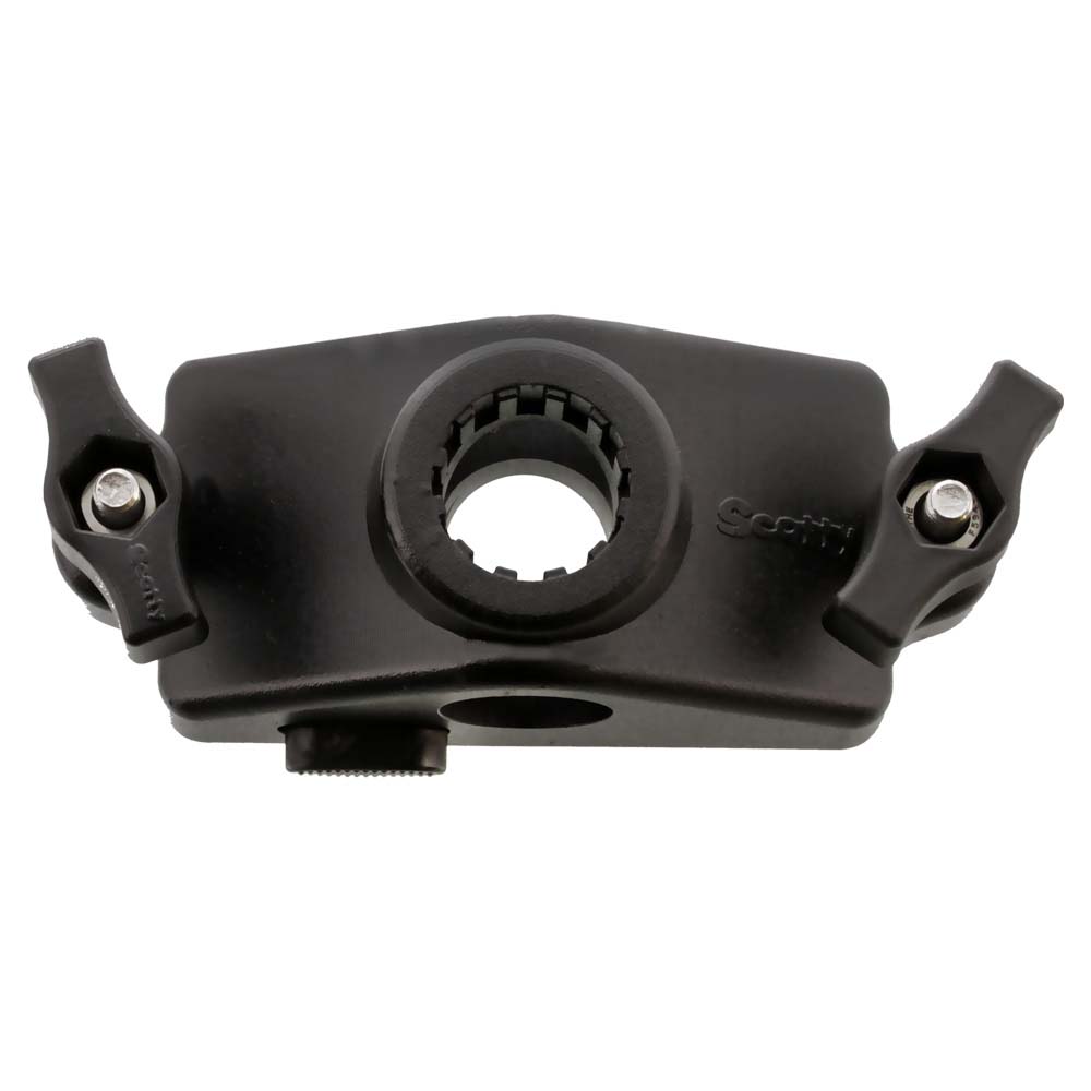 Scotty 0343 Locking Gunnel Track Mount for rod holder accessories, shown attached to boat gunnel with locking mechanism visible.