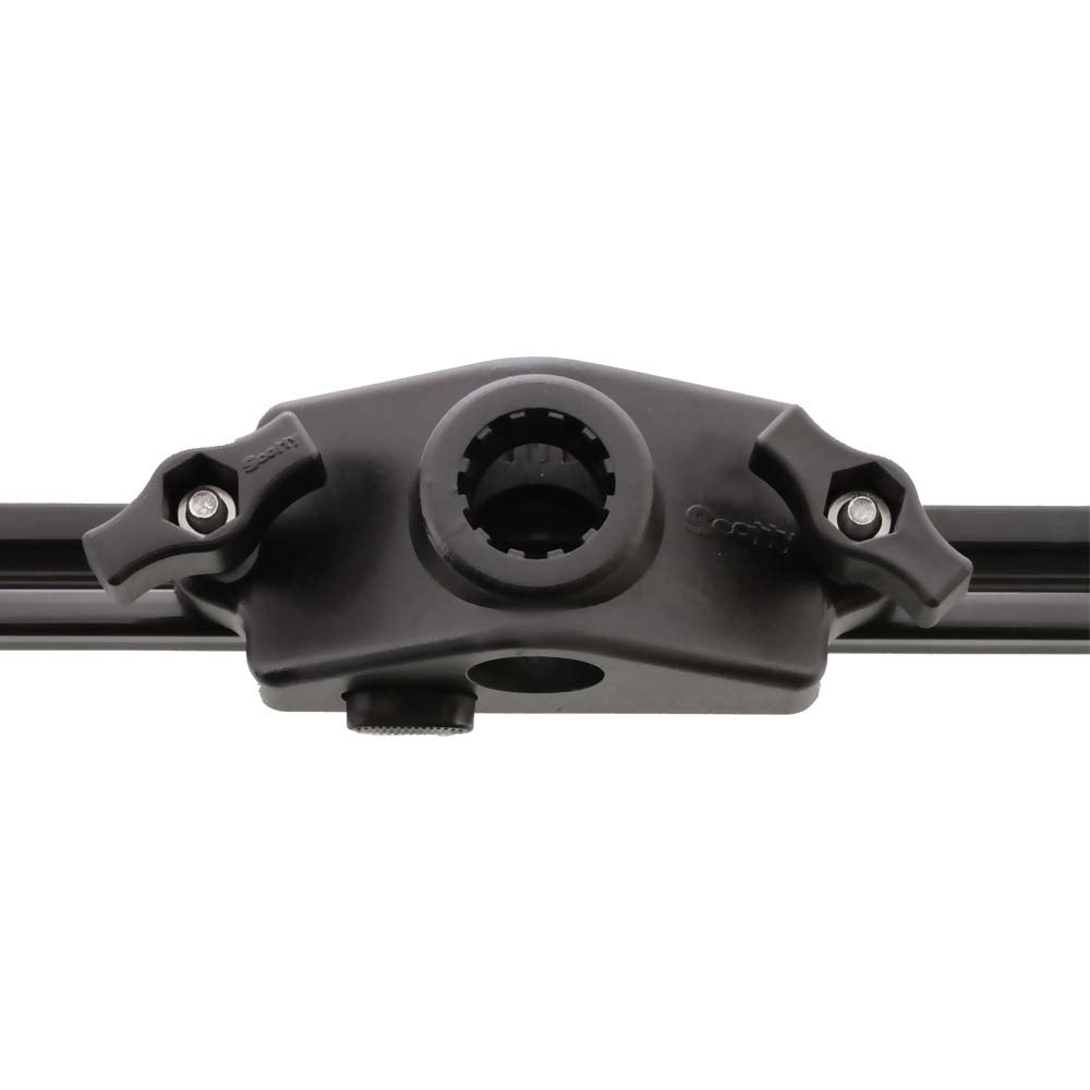 Scotty 0343 Locking Gunnel Track Mount for rod holder accessories on a boat, showing the secure locking mechanism and mounting details.