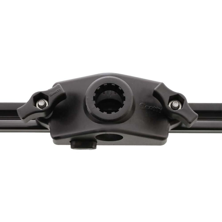 Scotty 0343 Locking Gunnel Track Mount for rod holder accessories on a boat, showing the secure locking mechanism and mounting details.