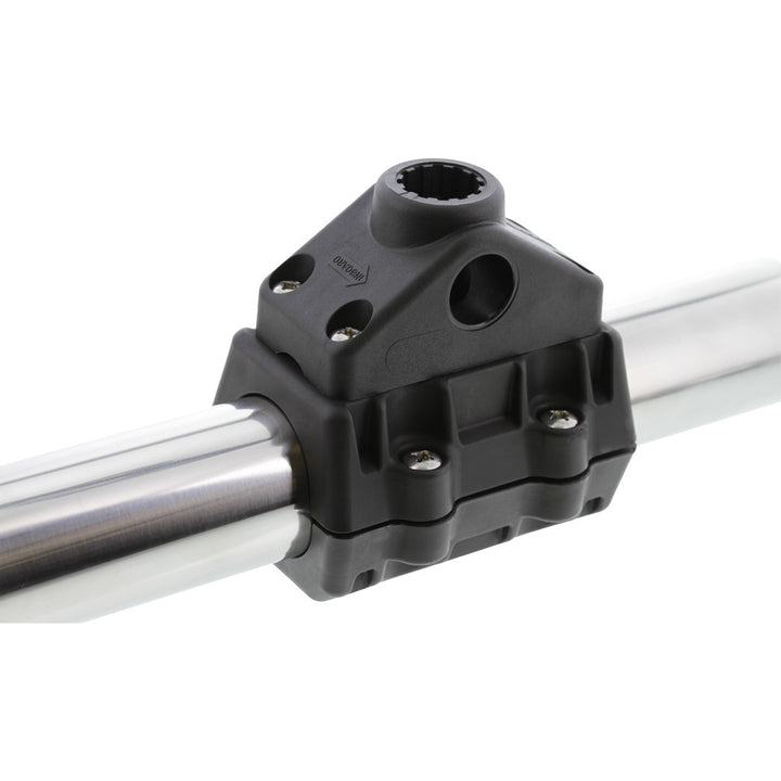 Scotty 320 adaptable rail mount for 2-inch rails, rod holder accessory, black plastic and metal construction for fishing gear.