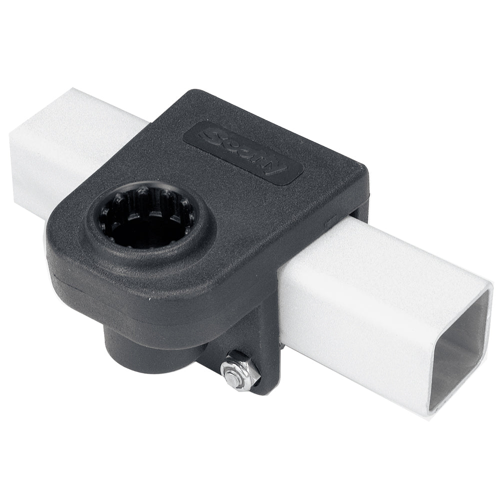 Scotty 1 1/4-inch square rail mount for rod holders, shown attached to a boat rail with fishing rods secured.