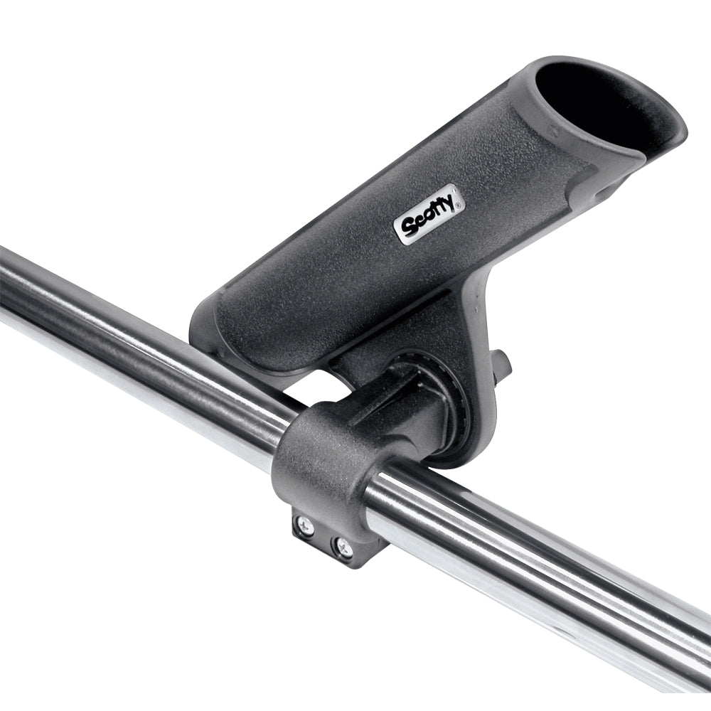Scotty 358 Rodmaster II downrigger boom rod holder with clamp-on style for 1 1/4-inch rods, mounted on boat.
