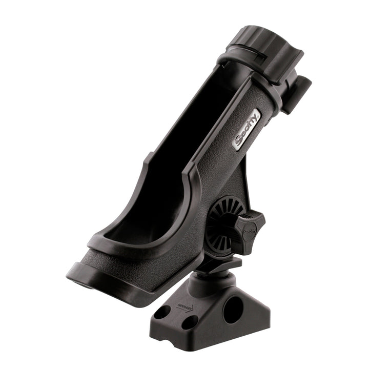 Black Scotty Powerlock rod holder with 241 side/deck mount for secure fishing rod storage on boats.