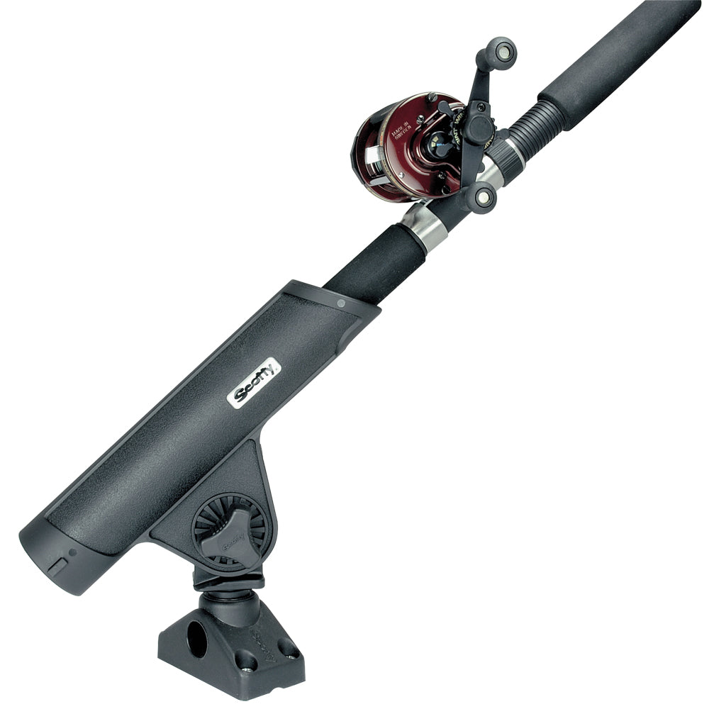 Black Scotty Rodmaster II rod holder with 241 deck/side mount, designed for fishing rods, mounted on a boat deck.