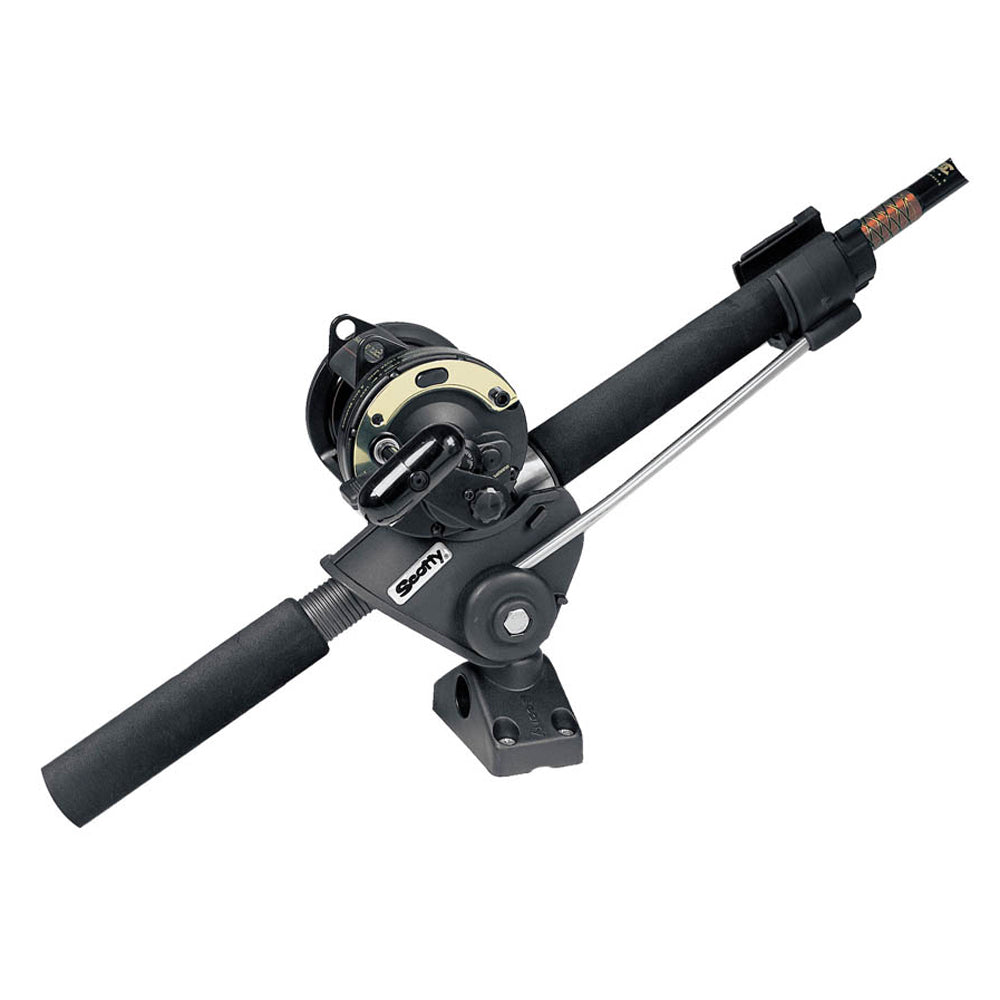 Scotty Striker rod holder with 241 side/deck mount for fishing rods, mounted on boat deck, showcasing durable design and installation.