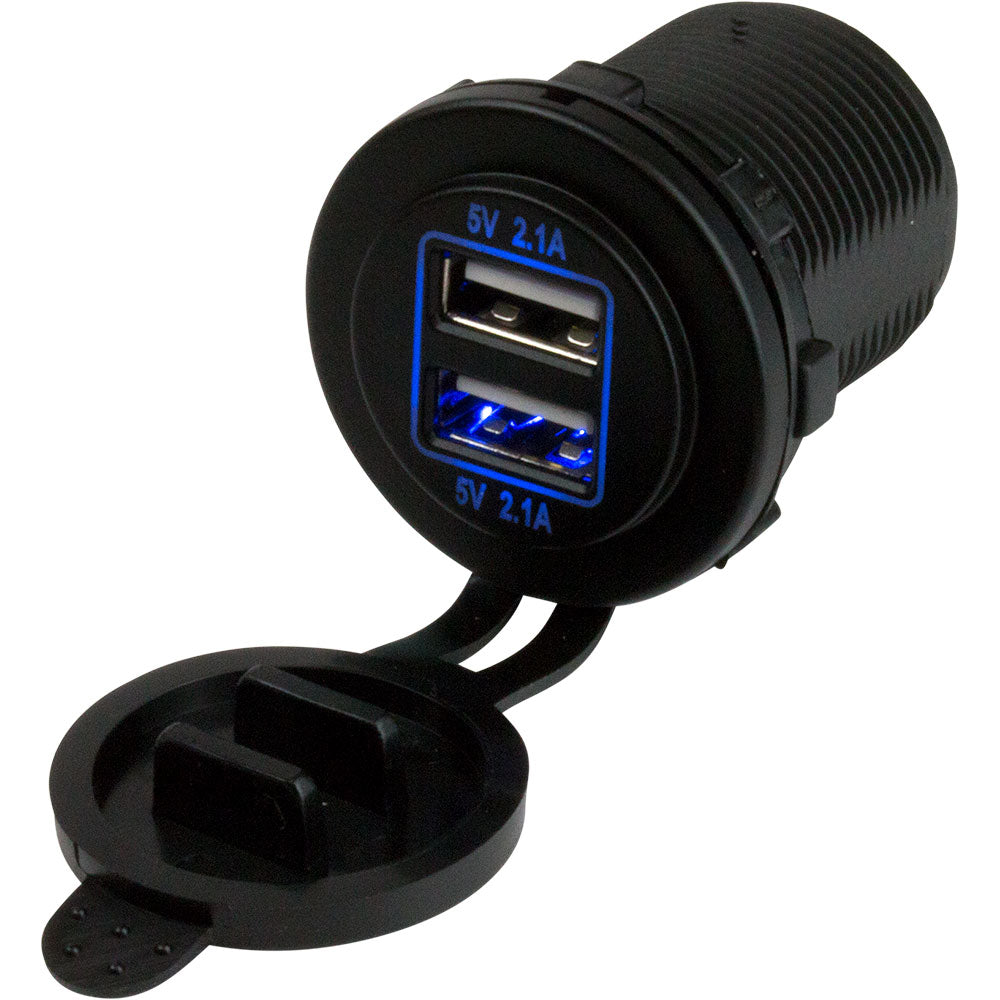 Sea-Dog dual USB power socket accessory with two USB ports for charging devices, shown mounted on a panel.