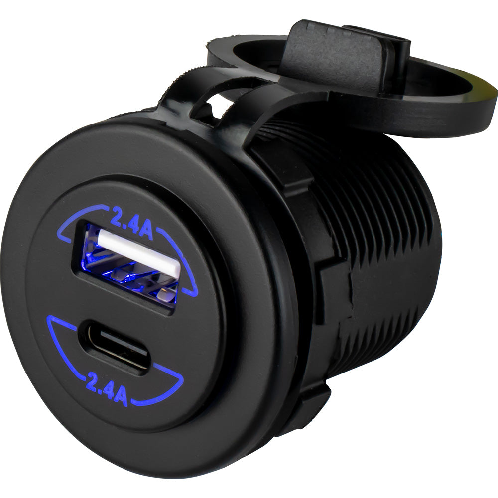 Sea-Dog round dual USB and USB-C power socket, marine-grade accessory with easy-to-access charging ports for boats and marine use.