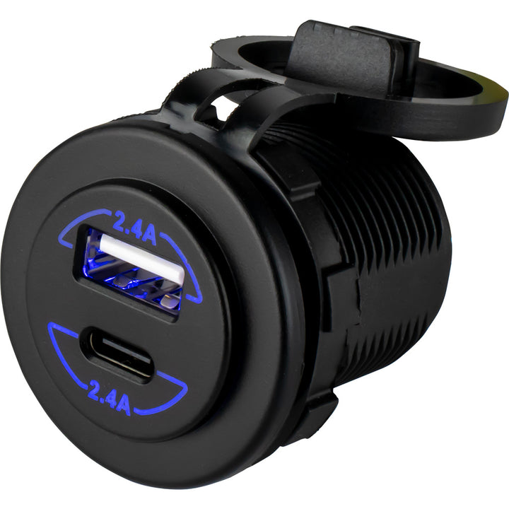 Sea-Dog round dual USB and USB-C power socket, marine-grade accessory with easy-to-access charging ports for boats and marine use.