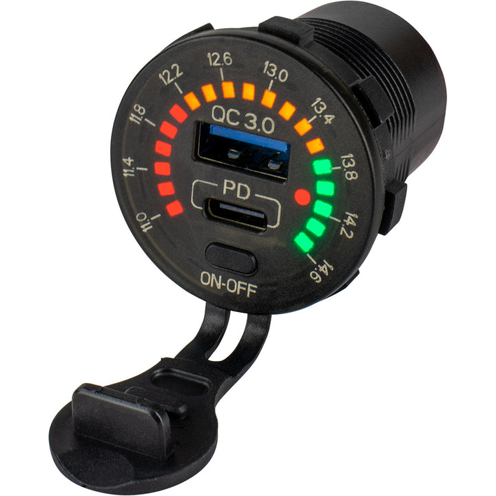 Sea-Dog round rainbow voltmeter with USB and USB-C power socket, marine accessories for boat electrical systems.