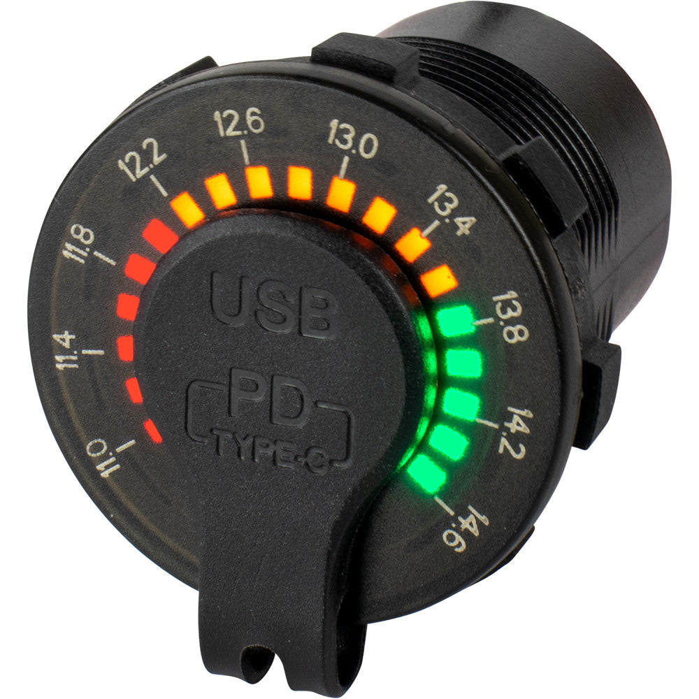 Sea-Dog round rainbow voltmeter with USB and USB-C power socket accessory, showing colorful display and port connections.