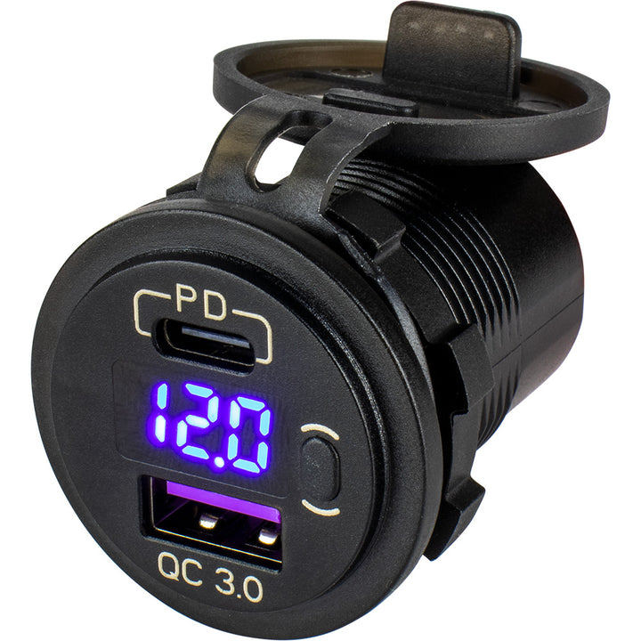 Sea-Dog round USB-C power socket accessory with hidden voltmeter, designed for marine or vehicle electrical systems.