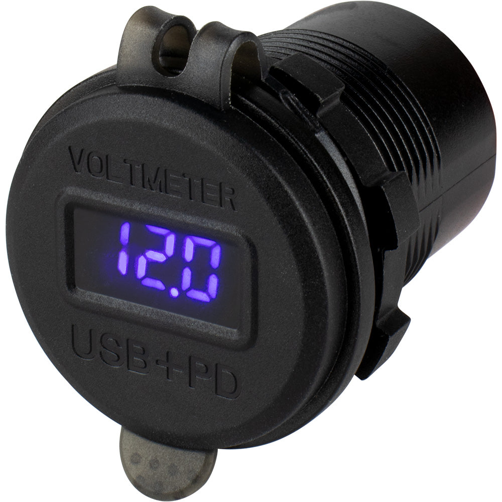 Sea-Dog round USB-C power socket with hidden voltmeter, marine accessories for charging and voltage monitoring.