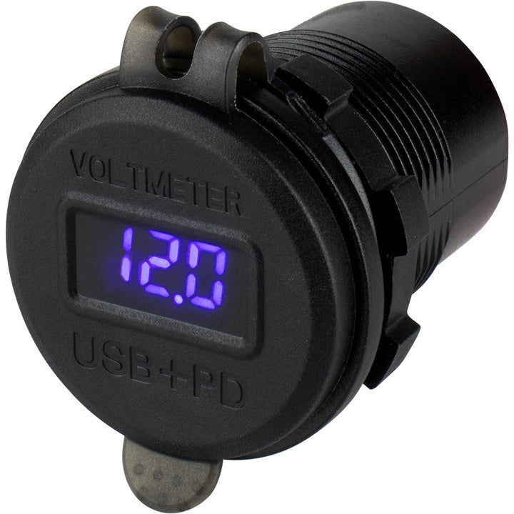 Sea-Dog round USB-C power socket with hidden voltmeter, marine accessories for charging and voltage monitoring.