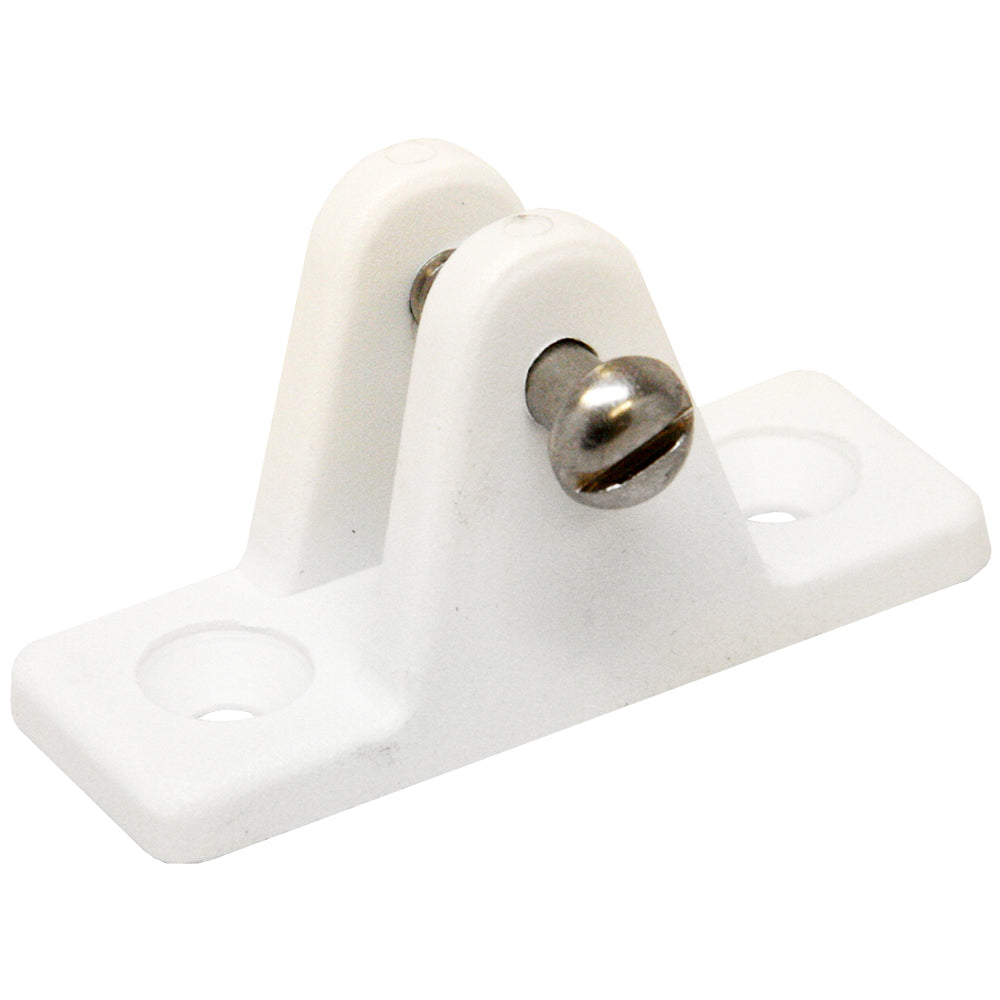Sea-Dog nylon angled deck hinge in white, designed for Bimini top fittings, with a durable and angled deck hinge for marine use.