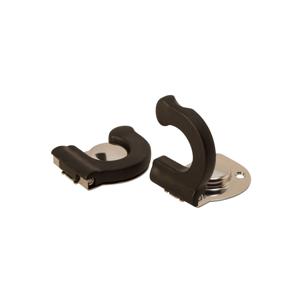 Sea-Dog folding pole storage bracket for cleaning tools, mounted on a wall, made of durable plastic with secure locking mechanism.