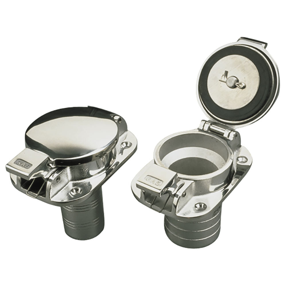 Sea-Dog stainless steel flip top deck fill for gas with 2-inch hose connection, ideal for marine fuel tanks.