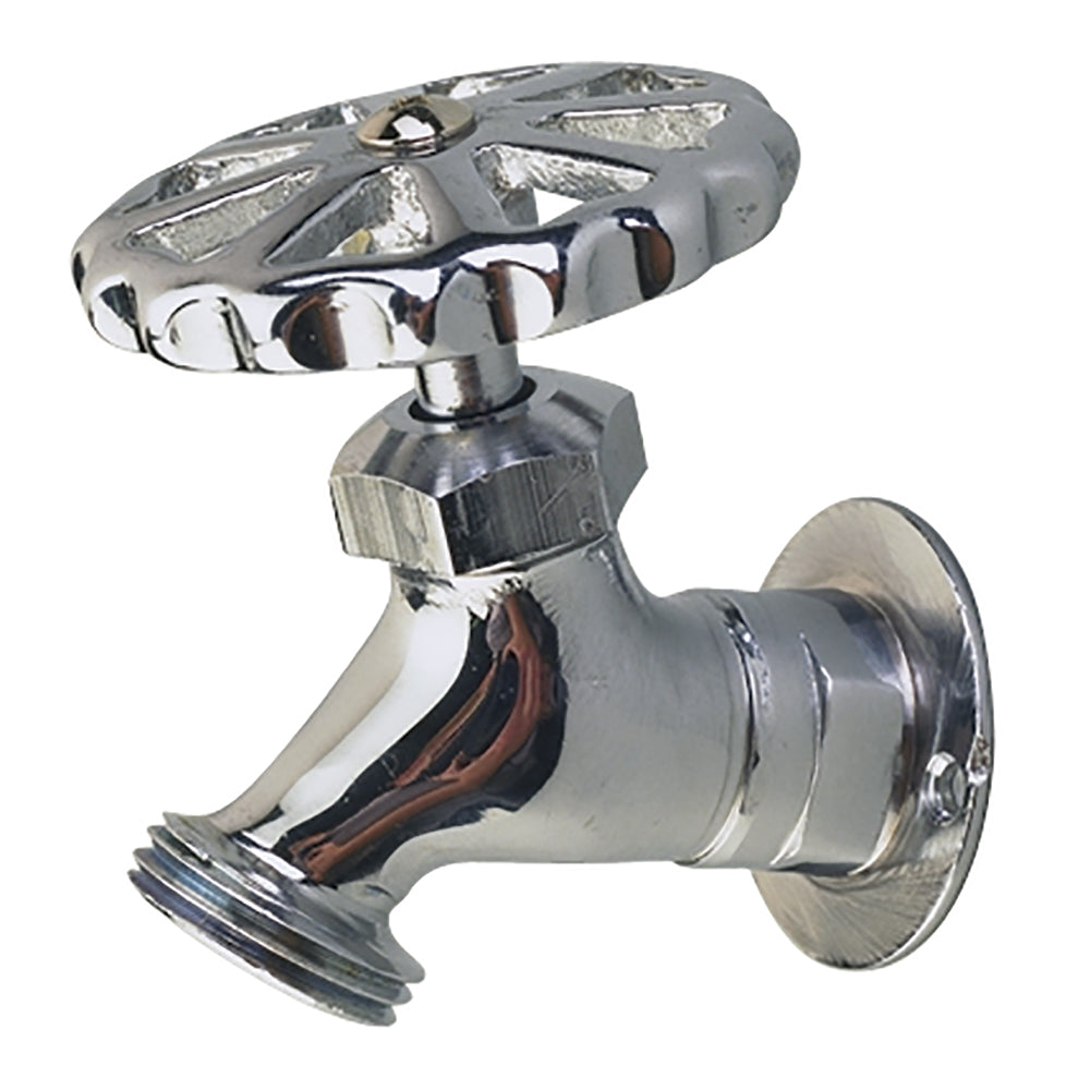 Chrome-plated brass Sea-Dog Washdown Faucet for deck and galley use, featuring a sturdy valve and flexible hose attachment.
