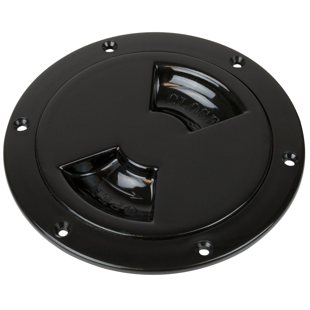 Black Sea-Dog 4-inch quarter-turn smooth deck plate with internal collar for boat deck access and sealing.