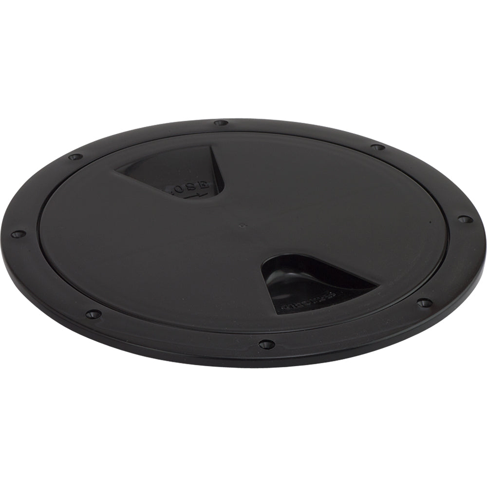 Black Sea-Dog Screw-Out Deck Plate, 5-inch diameter, marine-grade deck plate for boat or marine vessel applications.