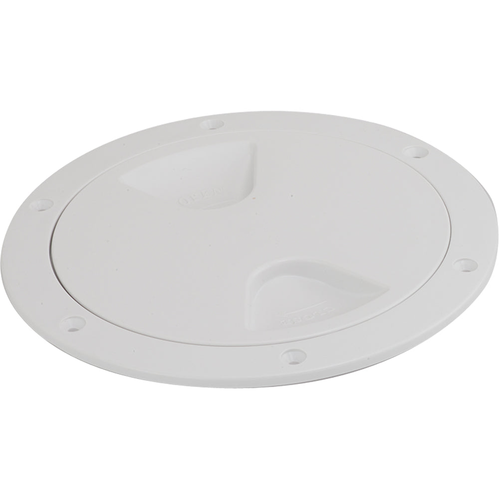 White Sea-Dog screw-out deck plate, 6-inch diameter, marine-grade metal deck plate with secure screw-out design.