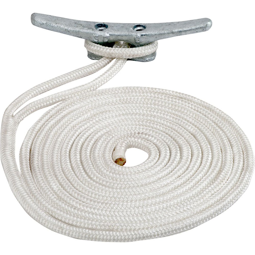 Sea-Dog double braided nylon dock line, 3/8 inch by 20 feet, white, designed for marine docking and mooring.