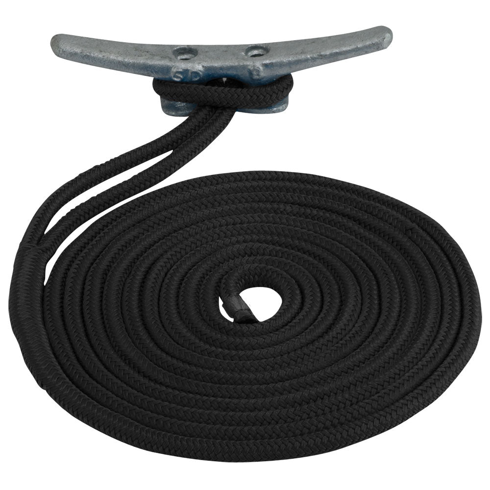 Sea-Dog double braided nylon dock line, 5/8 inch by 20 feet, black, designed for secure boat mooring and docking.
