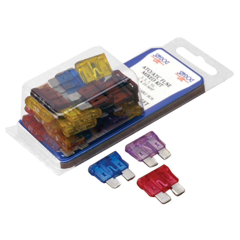 Sea-Dog ATO Style Mixed Fuse Kit with fuse blocks and fuses for marine electrical systems.