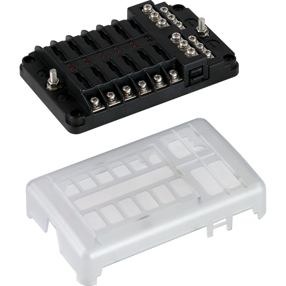 Sea-Dog blade style LED indicator fuse block with negative bus bar, 12 circuits, for marine electrical systems.