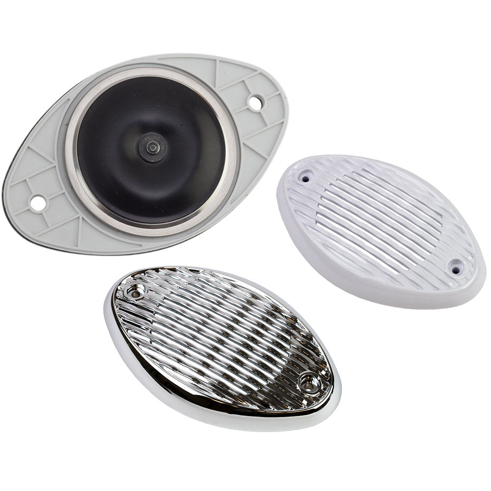 Sea-Dog Drop-In Hidden Horn V.3 with grills, marine horn for boats, shown installed with grills in a nautical setting.