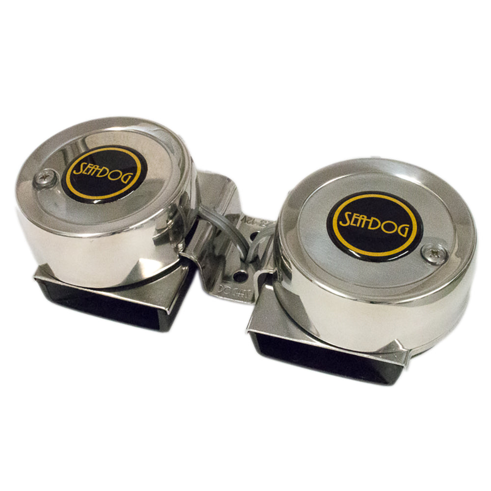 Sea-Dog Max Blast Twin Mini Compact Horn, marine horn with dual horns for loud sound, black finish, compact size, Sea-Dog brand.