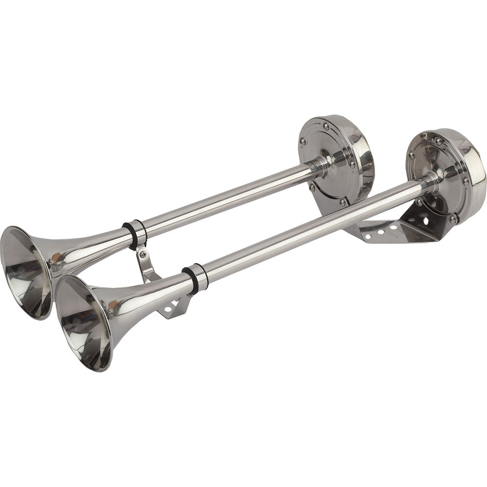 Sea-Dog MaxBlast stainless steel 12V dual trumpet horn on a boat, designed for loud, clear sound.