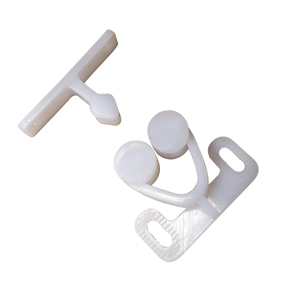 Sea-Dog Twin Roller Door Catch in white, a durable latch for secure cabinet or door fastening, shown in close-up view.