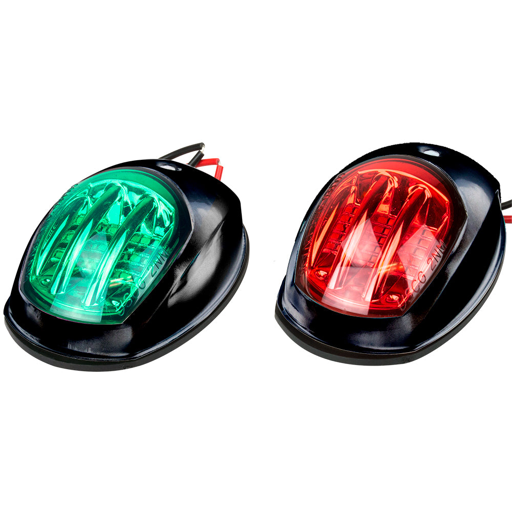 Sea-Dog Black LED Navigation Lights set for port and starboard on a boat, featuring durable black casings and bright LED illumination.