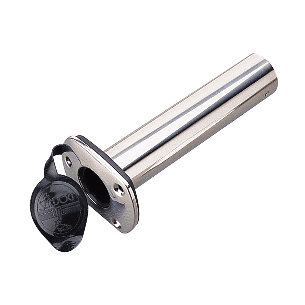 Sea-Dog stainless steel 90° flush mount rod holder mounted on a boat for secure fishing rod storage.
