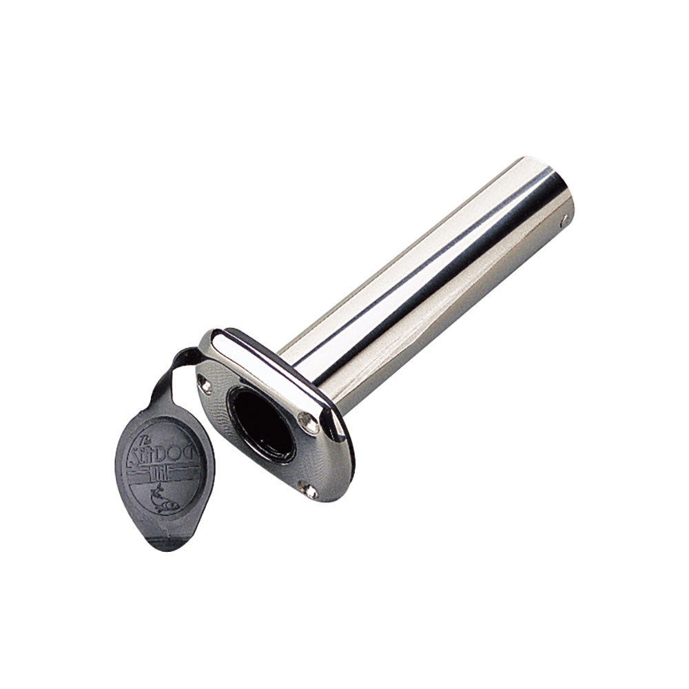 Sea-Dog stainless steel flush mount rod holder with cap, 90-degree angle, for boat fishing and trolling, durable marine-grade design.