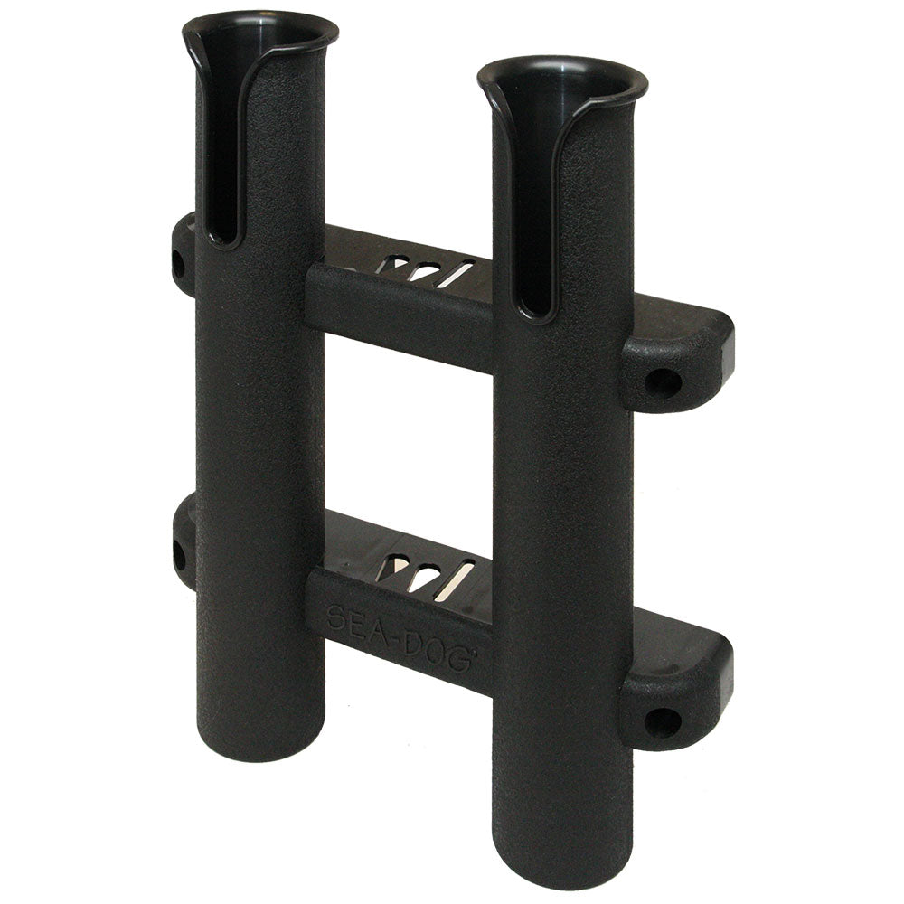 Sea-Dog Two Pole Side Mount Rod & Reel Storage Rack in black, designed for secure boat rod storage.