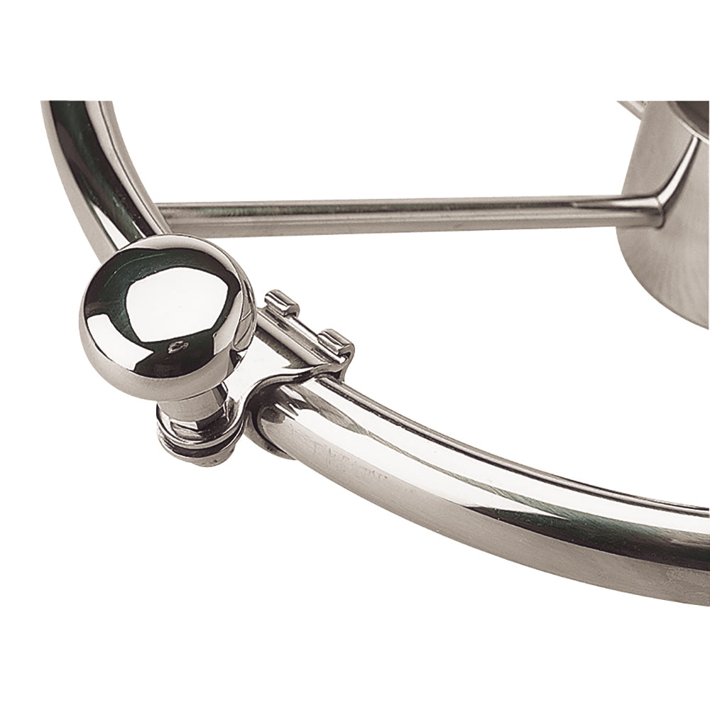Sea-Dog SS steering wheel maneuvering knob attached to a boat steering wheel for easier maneuvering.