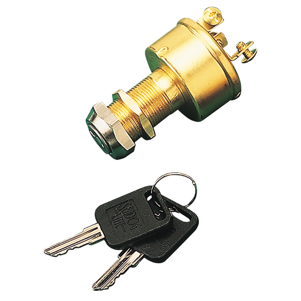 Sea-Dog brass 3-position key ignition switch for boats, with key slot and switch mechanism, designed for marine electrical systems.