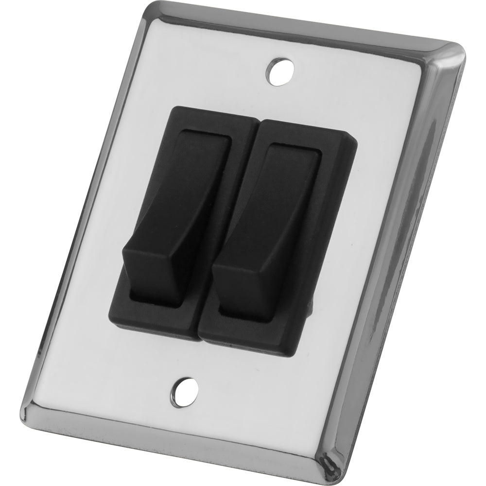 Sea-Dog double gang wall switch in stainless steel with two switch panels, durable marine-grade switch accessory for boats and marine use.