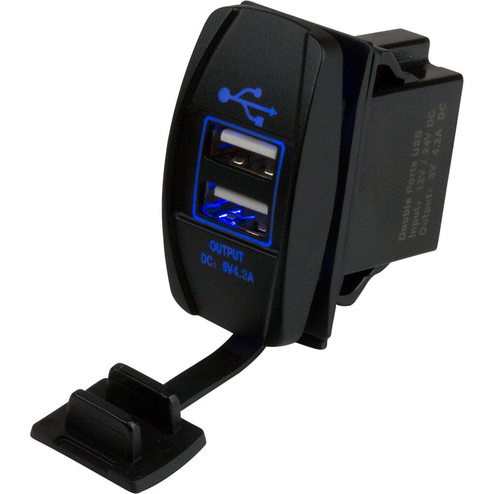 Sea-Dog dual USB rocker switch power socket with two USB ports and switch, marine-grade accessories for boat or vehicle use.