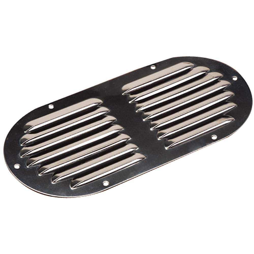Sea-Dog stainless steel oval louvered vent measuring 9-1/8" x 4-5/8" with slatted louvers for ventilation.