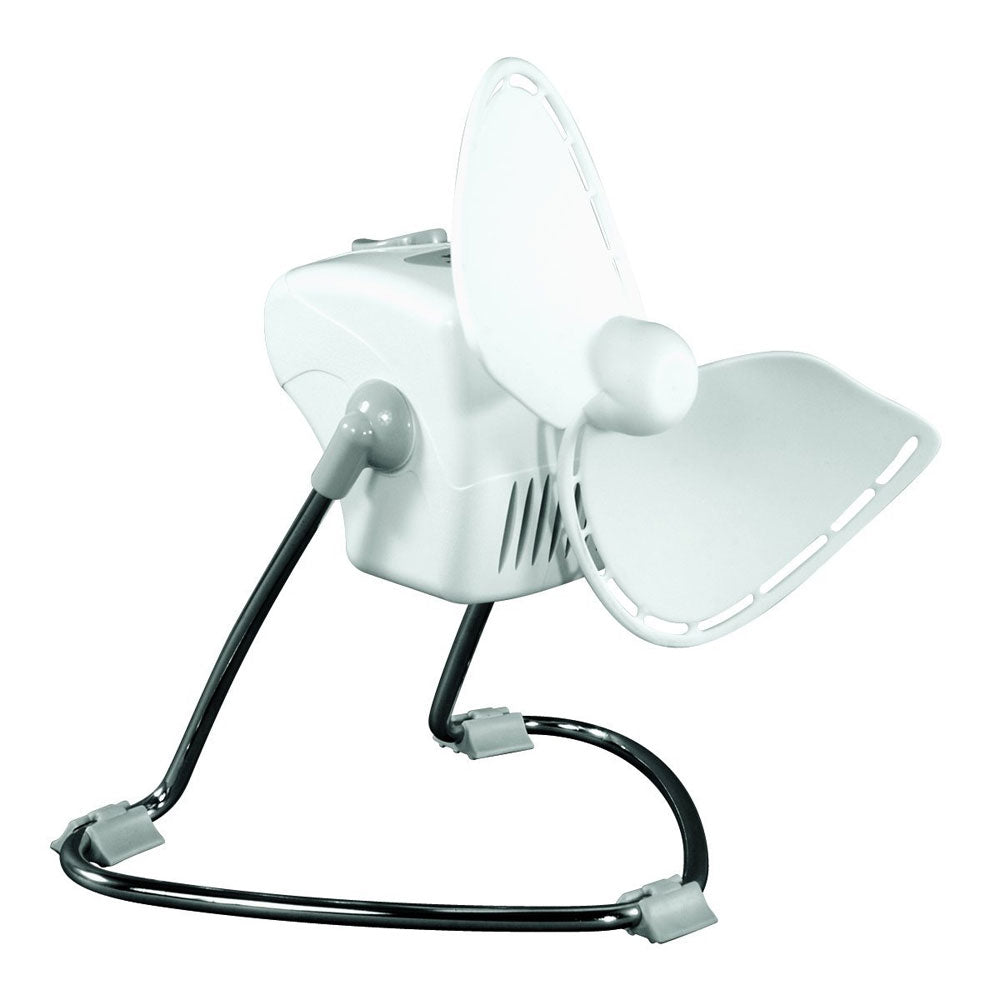 White SEEKR by Caframo Chinook 707 120V AC 2-speed 7-inch fan with adjustable blades and sturdy base for home cooling.