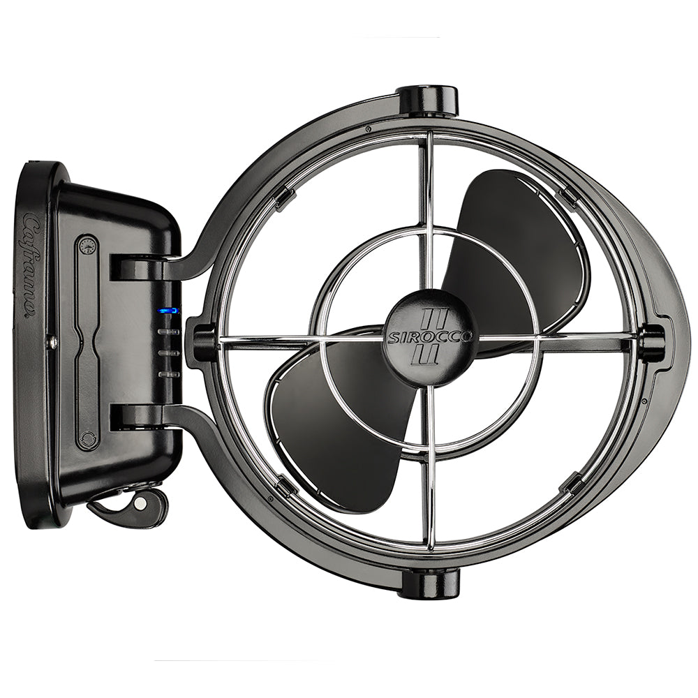 SEEKR by Caframo Sirocco II 3-speed 7-inch black gimbal fan with adjustable tilt, suitable for 12-24V applications.