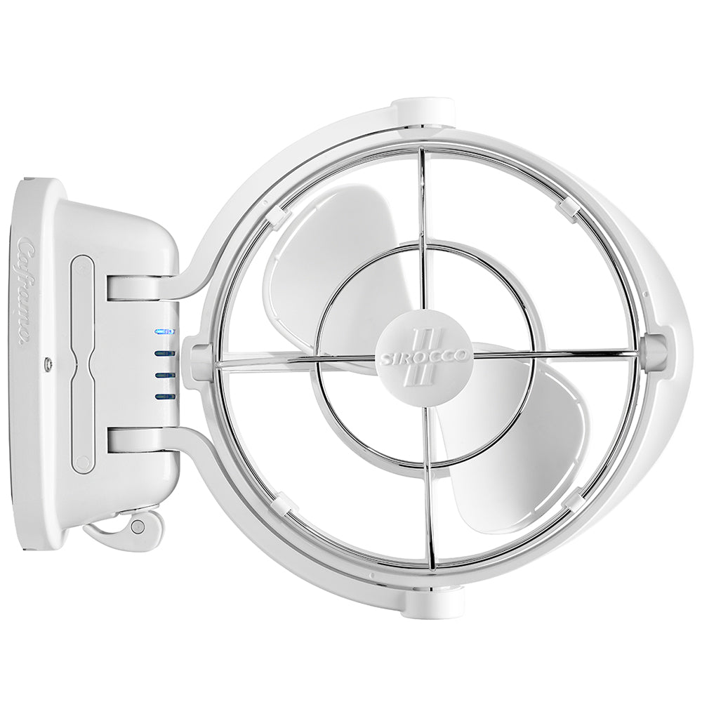 SEEKR by Caframo Sirocco II 3-Speed 7-inch white gimbal fan, 12-24V, showing adjustable tilt and compact design.