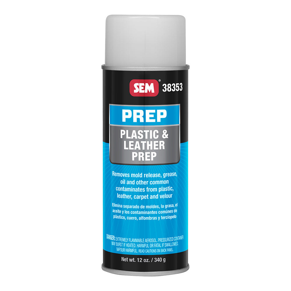 SEM Plastic Leather Prep 12oz bottle, accessories for cleaning and preparing plastic and leather surfaces in automotive detailing.