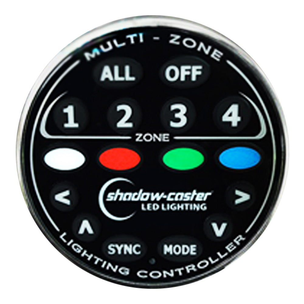 Shadow-Caster LED Lighting round zone controller remote for 4-channel lighting control, compatible with MZ-LC or SCM-LC accessories.