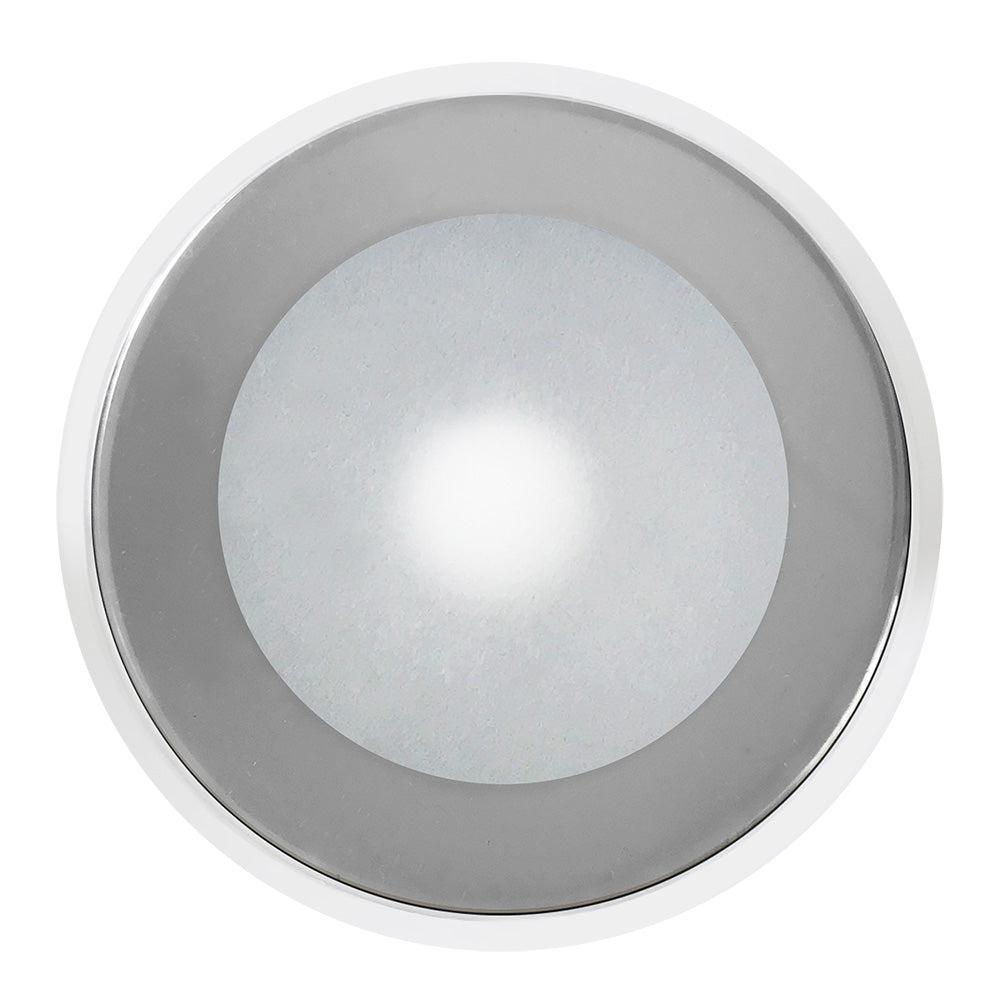 Shadow-Caster DLX Series down light with white housing, RGB lighting, and chrome bezel, designed for dome and down lighting.