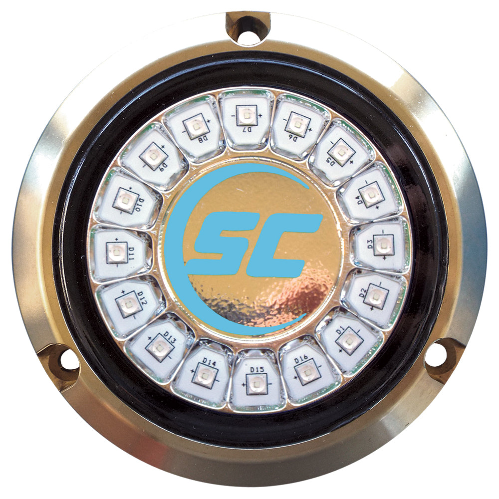 Shadow-Caster Bimini Blue underwater LED light with 16 LEDs in bronze, designed for underwater lighting on boats.