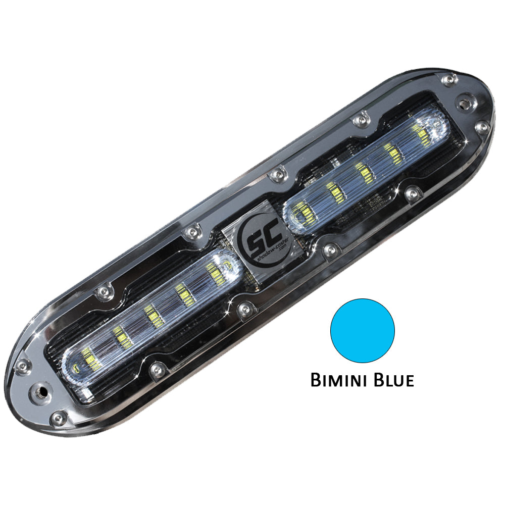 Shadow-Caster SCM-10 LED underwater light with 20' cable, stainless steel housing, Bimini Blue color, designed for marine lighting.
